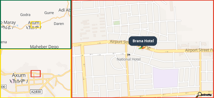 Map showing the address of Brana Hotel in three different zoom levels.