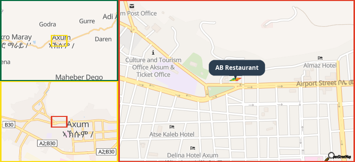 Map showing the address of AB Restaurant in three different zoom levels.