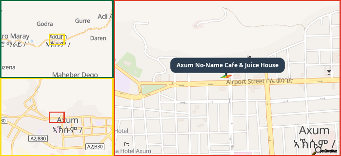 Map showing the address of Axum No-Name Cafe & Juice House in three different zoom levels.