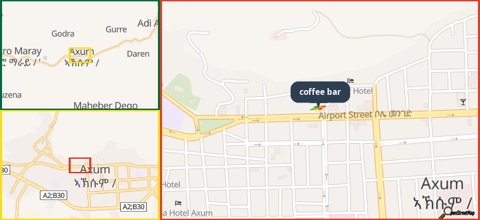 Map showing the address of coffee bar in three different zoom levels.