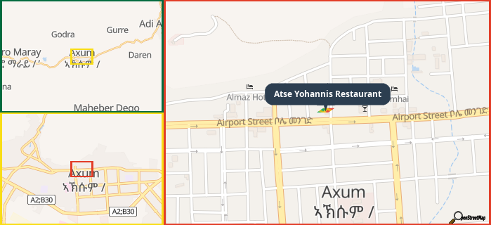 Map showing the address of Atse Yohannis Restaurant in three different zoom levels.