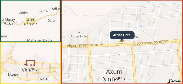 Map showing the address of Africa Hotel in three different zoom levels.