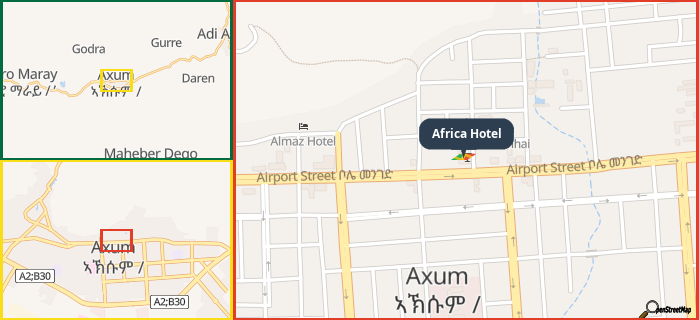 Map showing the address of Africa Hotel in three different zoom levels.