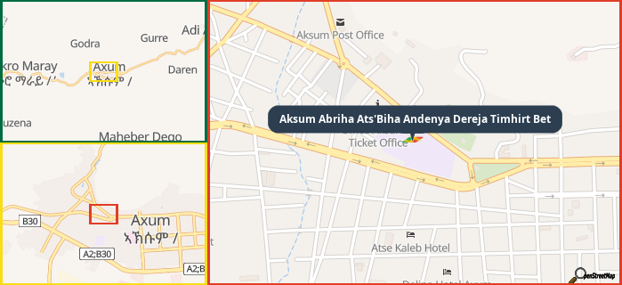 Map showing the address of Aksum Abriha Ats'Biha Andenya Dereja Timhirt Bet in three different zoom levels.