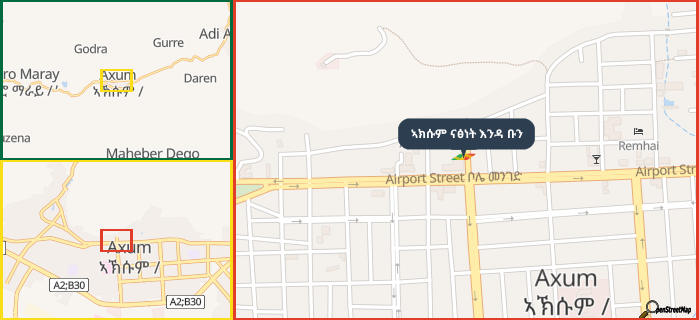 Map showing the address of ኣክሱም ናፅነት እንዳ ቡን in three different zoom levels.