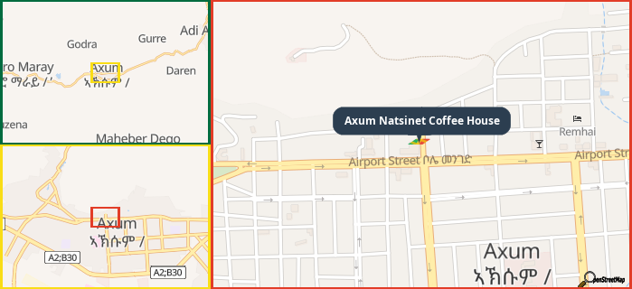 Map showing the address of Axum Natsinet Coffee House in three different zoom levels.