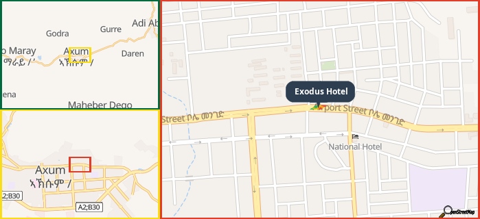 Map showing the address of Exodus Hotel in three different zoom levels.