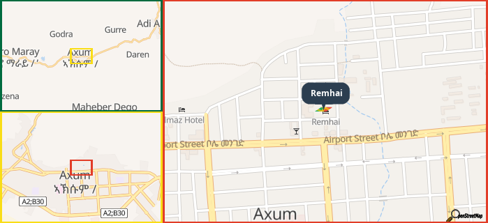 Map showing the address of Remhai in three different zoom levels.