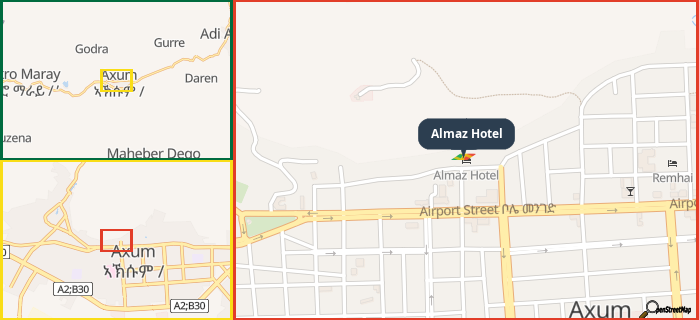 Map showing the address of Almaz Hotel in three different zoom levels.