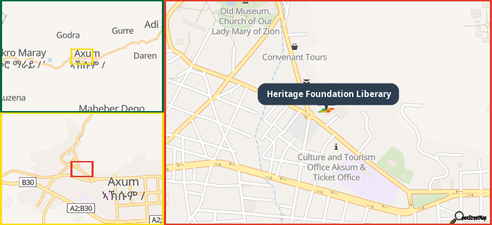 Map showing the address of Heritage Foundation Liberary in three different zoom levels.