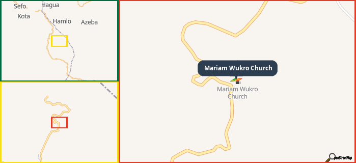 Map showing the address of Mariam Wukro Church in three different zoom levels.
