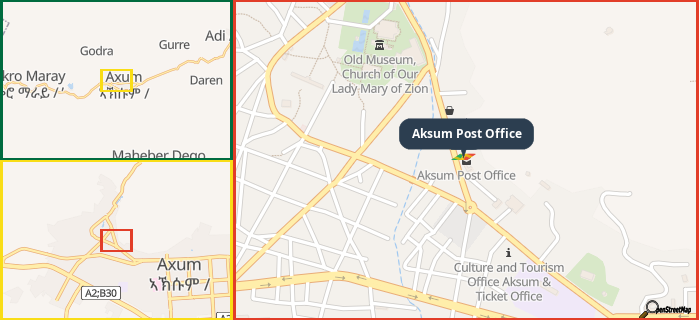 Map showing the address of Aksum Post Office in three different zoom levels.