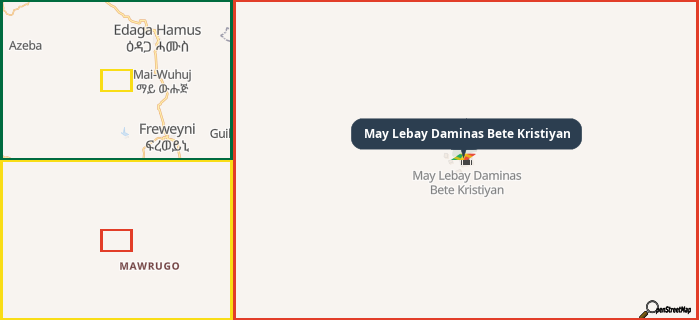Map showing the address of May Lebay Daminas Bete Kristiyan in three different zoom levels.