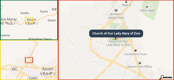 Map showing the address of Church of Our Lady Mary of Zion in three different zoom levels.