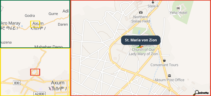 Map showing the address of St. Maria von Zion in three different zoom levels.