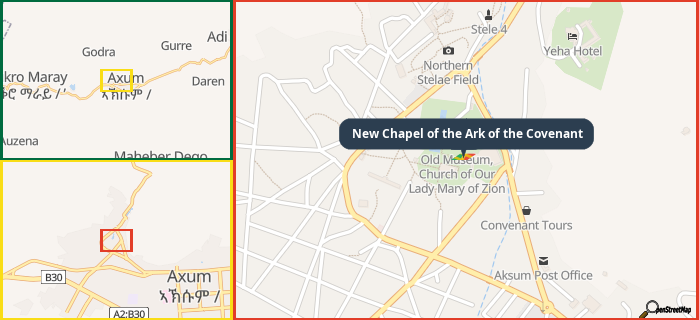Map showing the address of New Chapel of the Ark of the Covenant in three different zoom levels.