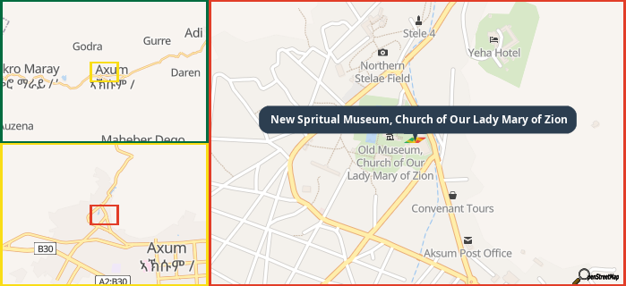 Map showing the address of New Spritual Museum, Church of Our Lady Mary of Zion in three different zoom levels.