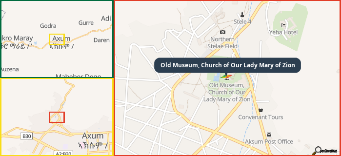 Map showing the address of Old Museum, Church of Our Lady Mary of Zion in three different zoom levels.