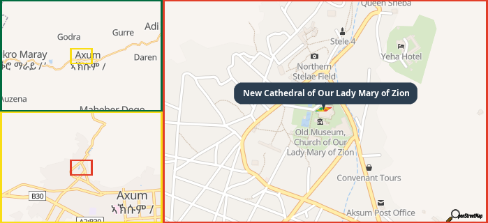 Map showing the address of New Cathedral of Our Lady Mary of Zion in three different zoom levels.