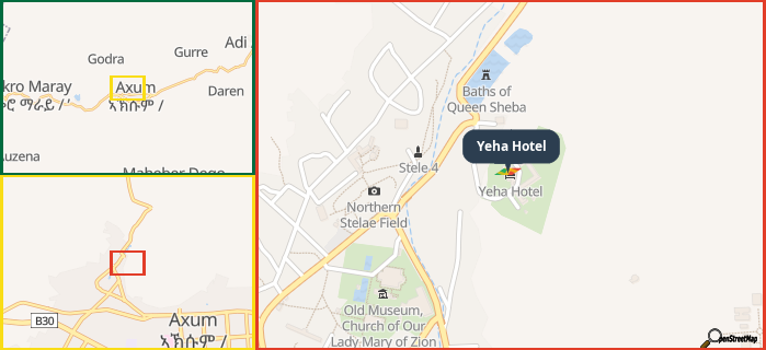 Map showing the address of Yeha Hotel in three different zoom levels.
