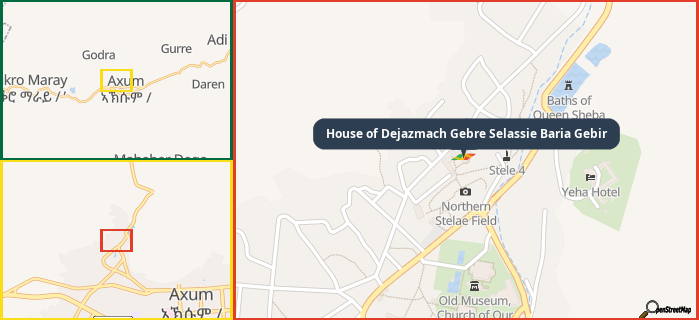 Map showing the address of House of Dejazmach Gebre Selassie Baria Gebir in three different zoom levels.