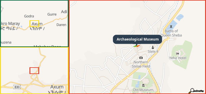 Map showing the address of Archaeological Museum in three different zoom levels.