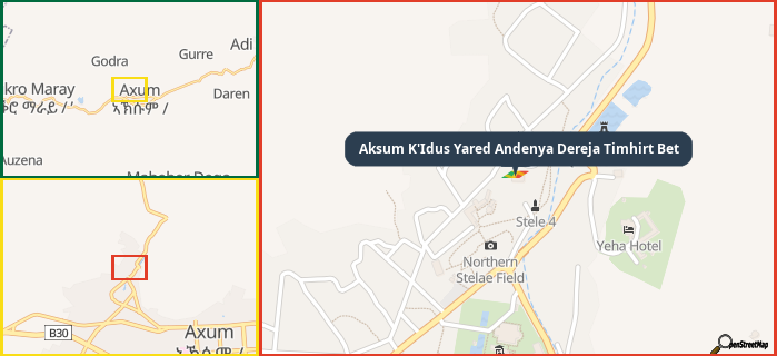 Map showing the address of Aksum K'Idus Yared Andenya Dereja Timhirt Bet in three different zoom levels.