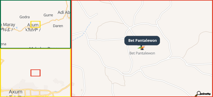 Map showing the address of Bet Pantalewon in three different zoom levels.