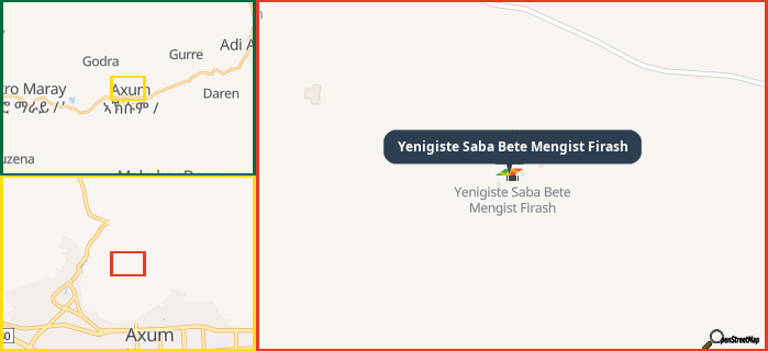 Map showing the address of Yenigiste Saba Bete Mengist Firash in three different zoom levels.