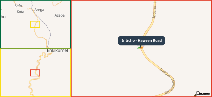 Map showing the address of Inticho - Hawzen Road in three different zoom levels.