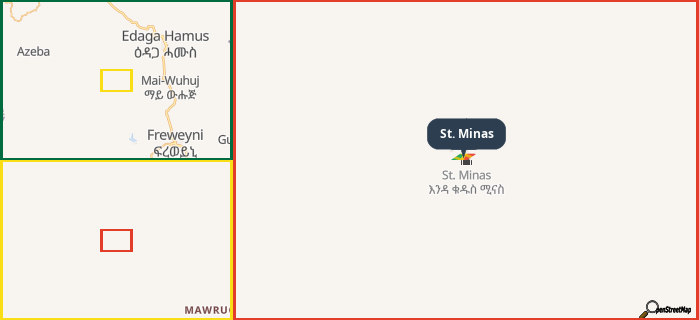 Map showing the address of St. Minas in three different zoom levels.