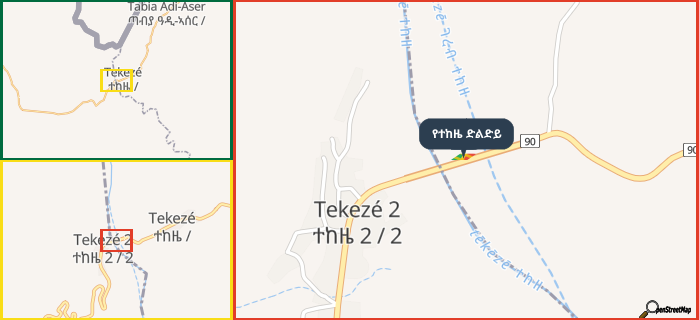 Map showing the address of የተከዜ ድልድይ in three different zoom levels.