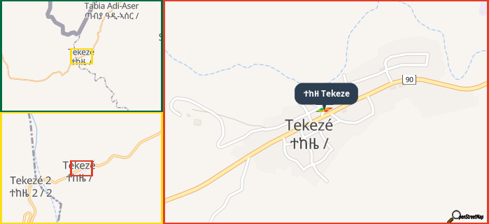 Map showing the address of ተከዘ Tekeze in three different zoom levels.