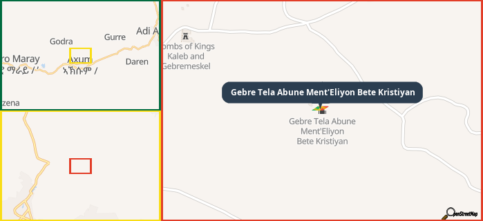 Map showing the address of Gebre Tela Abune Ment'Eliyon Bete Kristiyan in three different zoom levels.