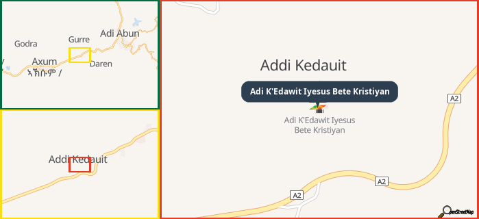 Map showing the address of Adi K'Edawit Iyesus Bete Kristiyan in three different zoom levels.