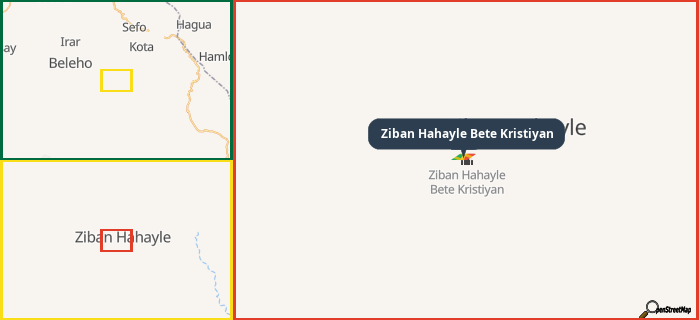 Map showing the address of Ziban Hahayle Bete Kristiyan in three different zoom levels.