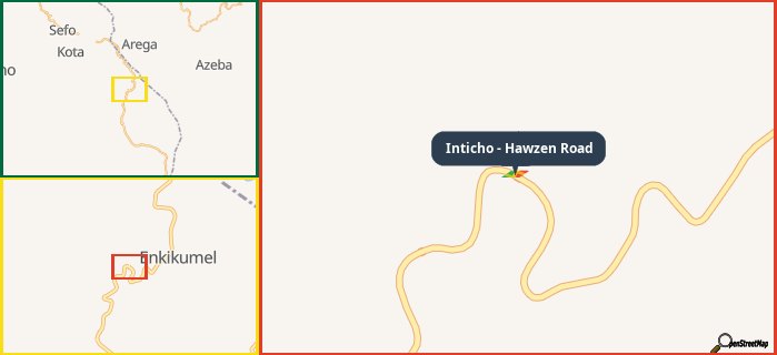 Map showing the address of Inticho - Hawzen Road in three different zoom levels.