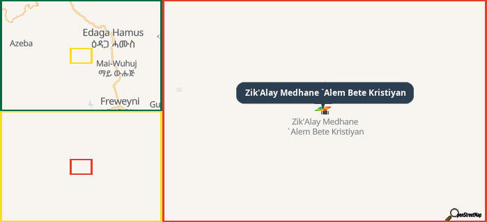 Map showing the address of Zik'Alay Medhane `Alem Bete Kristiyan in three different zoom levels.