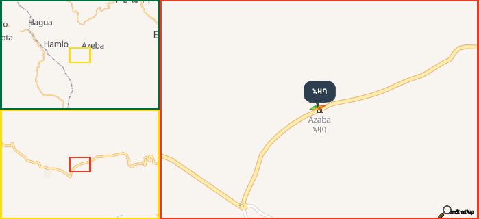 Map showing the address of ኣዛባ in three different zoom levels.