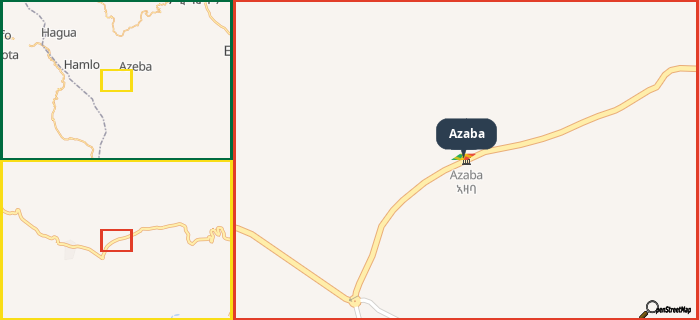 Map showing the address of Azaba in three different zoom levels.