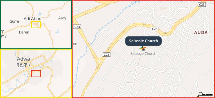 Map showing the address of Selassie Church in three different zoom levels.