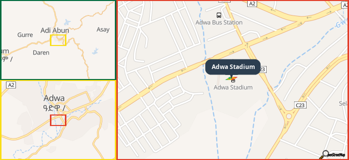 Map showing the address of Adwa Stadium in three different zoom levels.