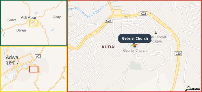 Map showing the address of Gebriel Church in three different zoom levels.