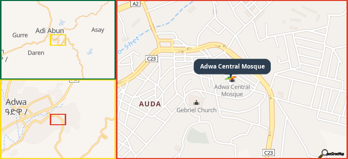 Map showing the address of Adwa Central Mosque in three different zoom levels.