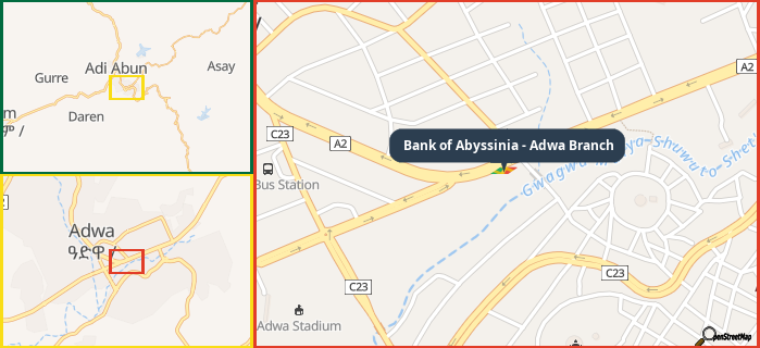 Map showing the address of Bank of Abyssinia - Adwa Branch in three different zoom levels.