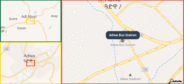 Map showing the address of Adwa Bus Station in three different zoom levels.