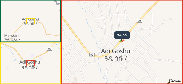 Map showing the address of ዓዲ ጎሹ in three different zoom levels.