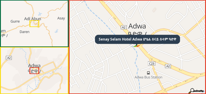 Map showing the address of Senay Selam Hotel Adwa ሆቴል ሰናይ ሰላም ዓድዋ in three different zoom levels.