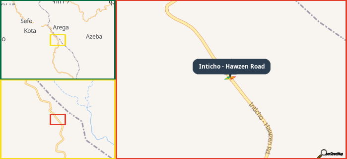 Map showing the address of Inticho - Hawzen Road in three different zoom levels.