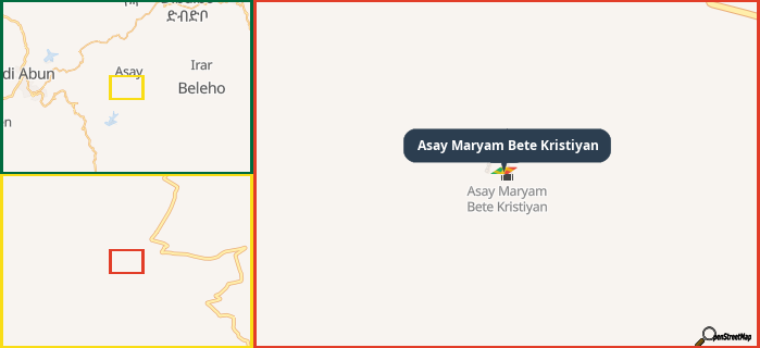 Map showing the address of Asay Maryam Bete Kristiyan in three different zoom levels.